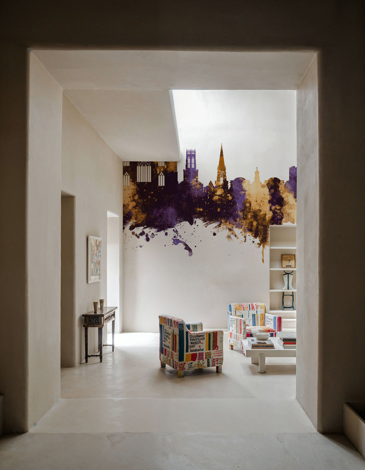 York England Skyline Purple & Gold Mural Wallpaper - room preview 02