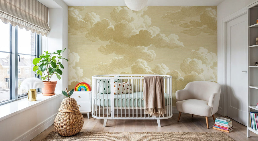 Cloud Wallpaper Mural – Sky Wall Mural – Intaglio Clouds, Butter Yellow