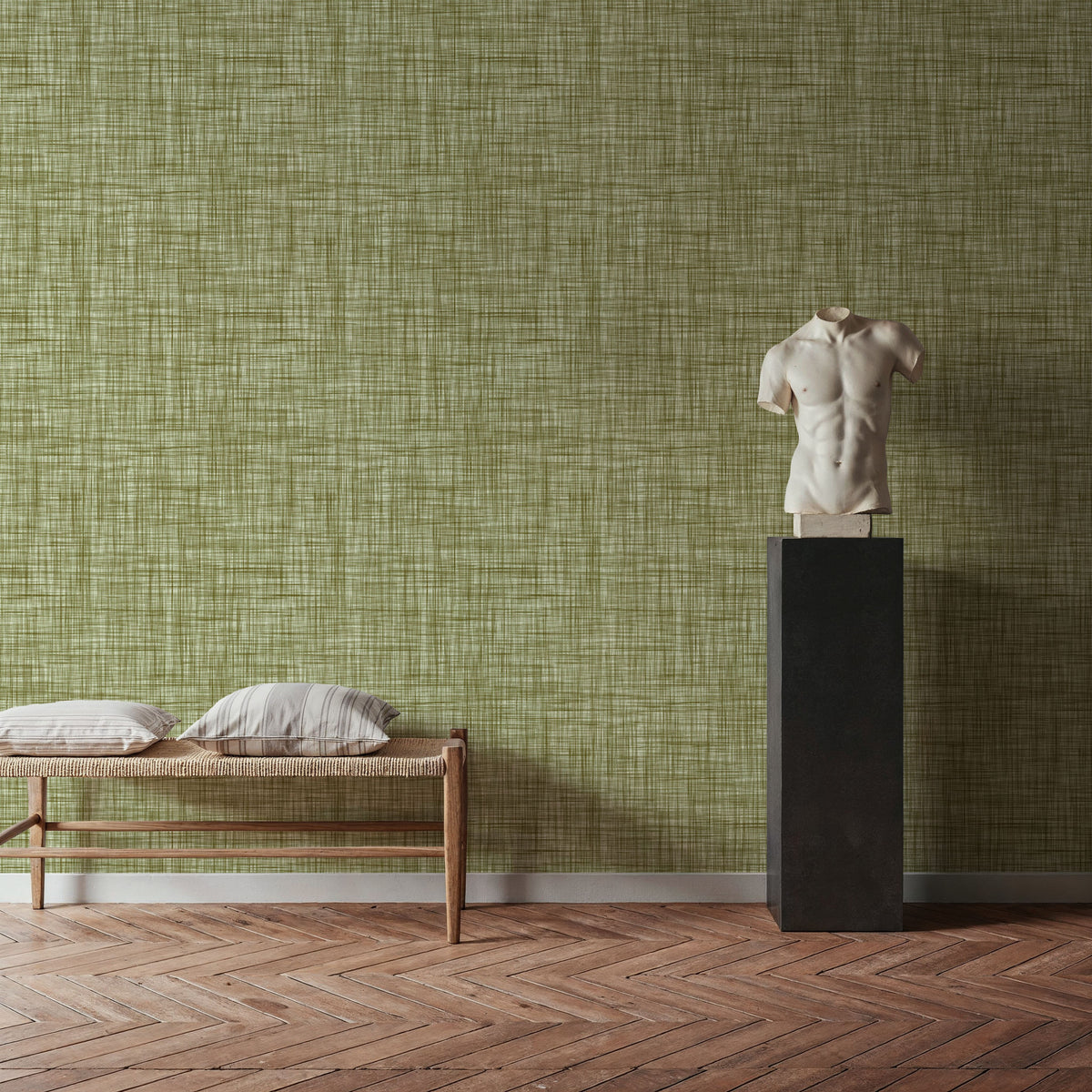 Mottled Linen Effect, Olive Green Mural Wallpaper - room preview 02