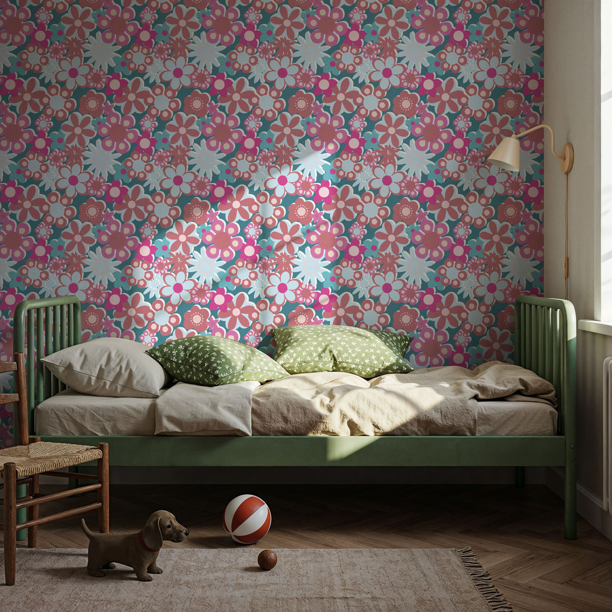 Flower Power, Turqoise Mural Wallpaper - room preview 02