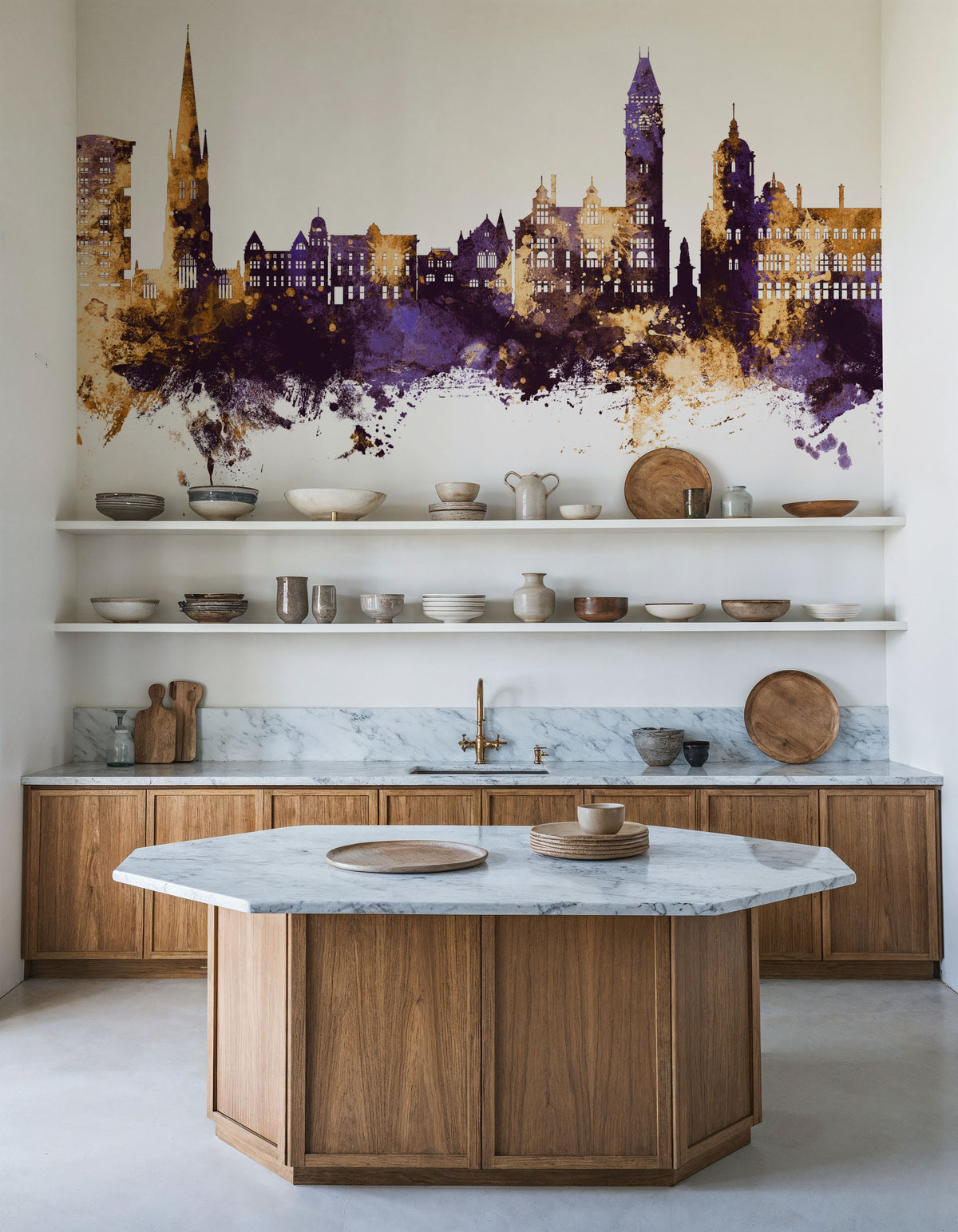 Wakefield England Skyline Purple & Gold Mural Wallpaper - room preview 02