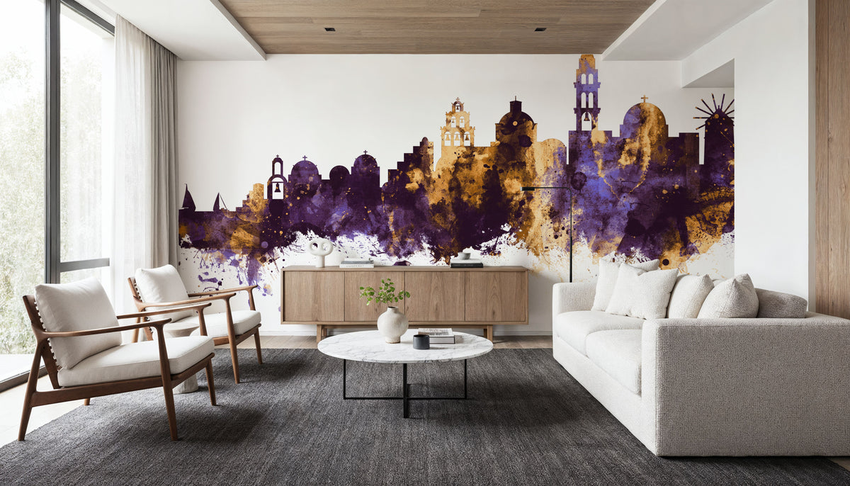 Santorini Skyline Purple & Gold Mural Wallpaper - room preview 02