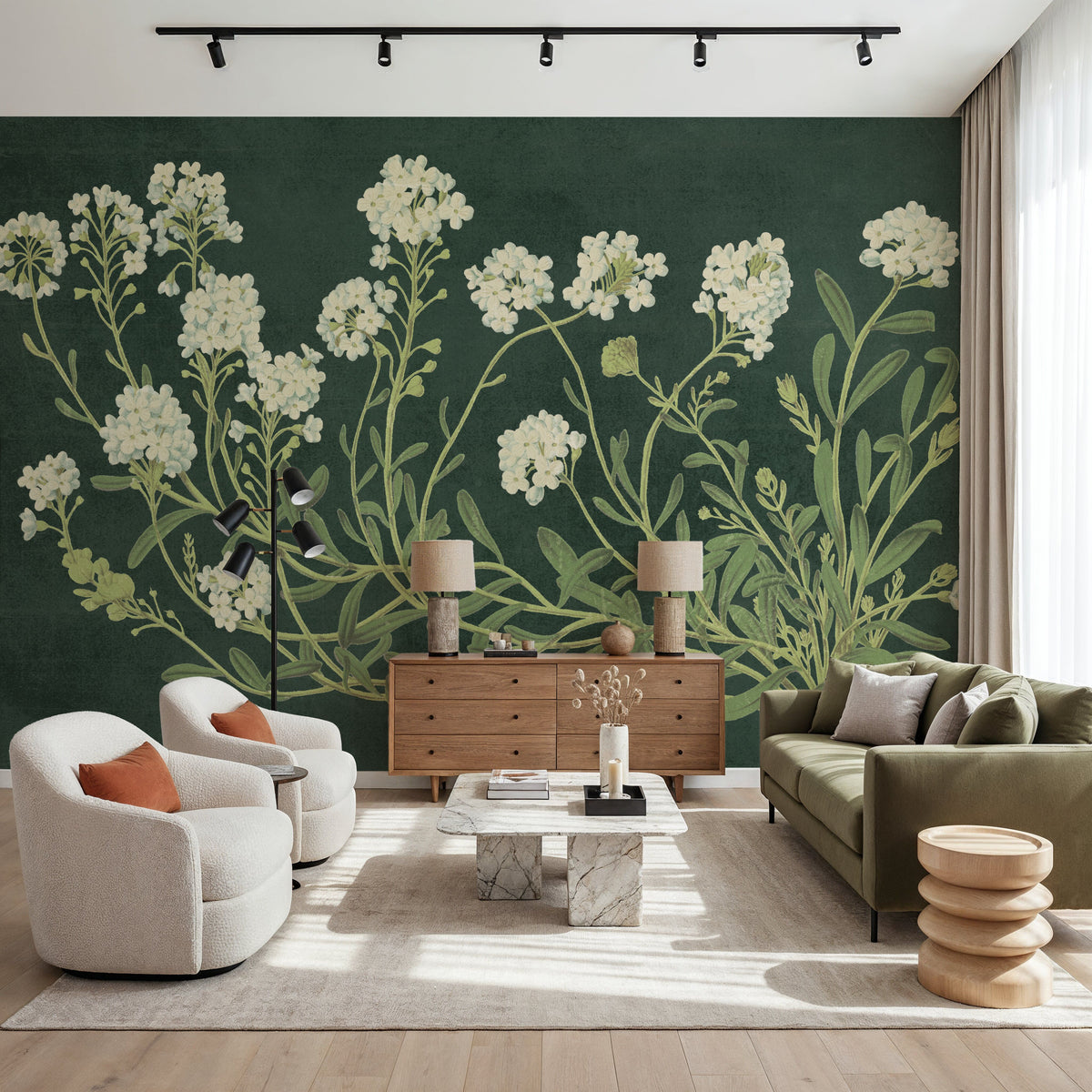 Vintage Flowers on Green Mural Wallpaper - room preview 02