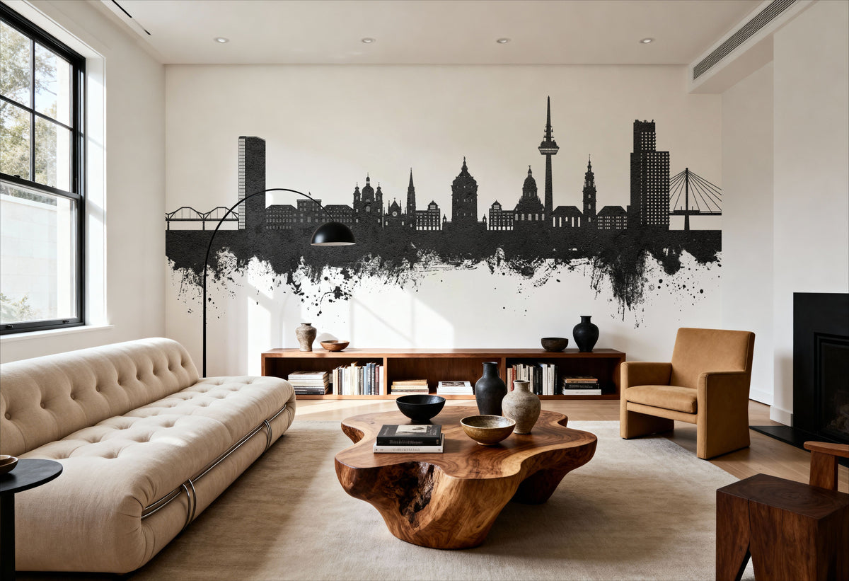 Mannheim Germany Skyline Black & White Mural Wallpaper - room preview 02