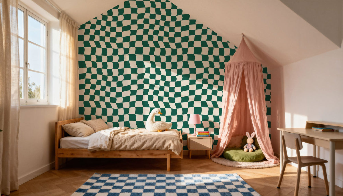Warped Checkerboard, Forest Green Mural Wallpaper - room preview 02