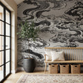 Ukiyo-e Clouds, Graphite Mural Wallpaper - room preview 02