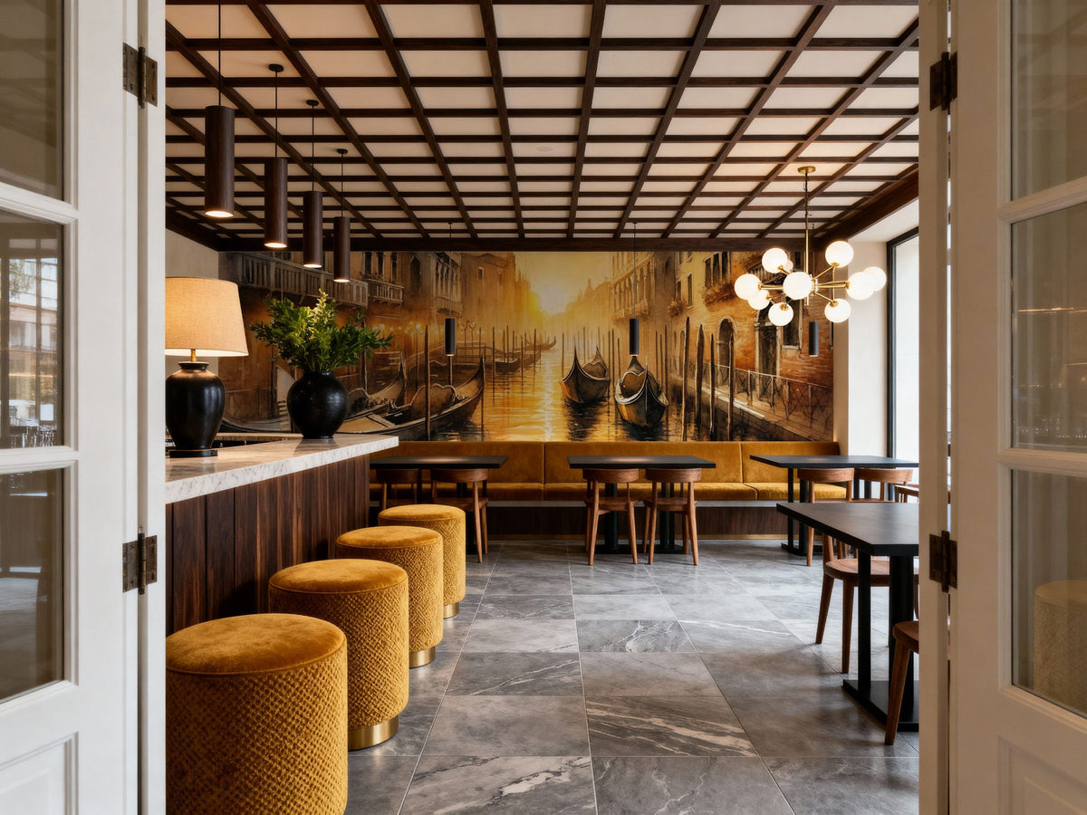 Sunset Over Venetian Canals with Gondolas Mural Wallpaper - room preview 02