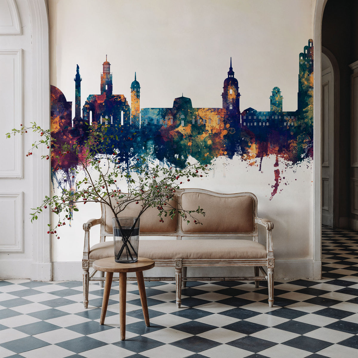 Darmstadt Skyline Blue & Bronze Mural Wallpaper - room preview 02