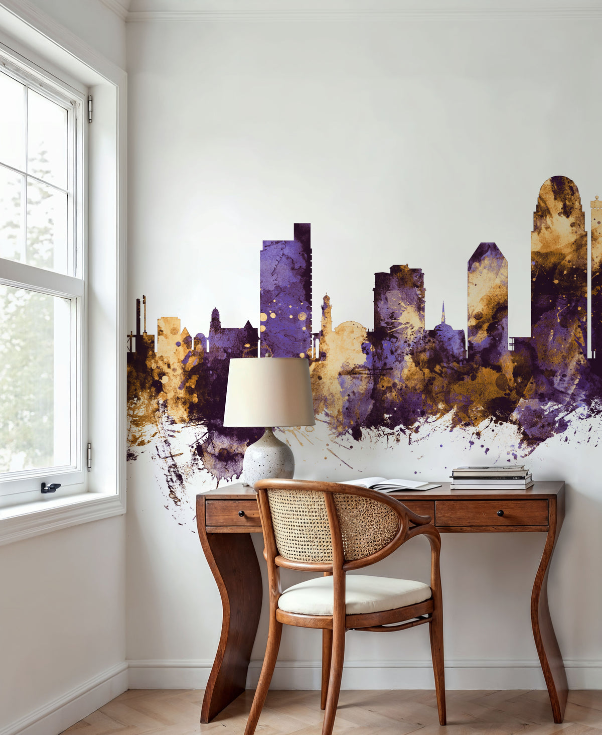 Winston-Salem North Carolina Skyline Purple & Gold Mural Wallpaper - room preview 02