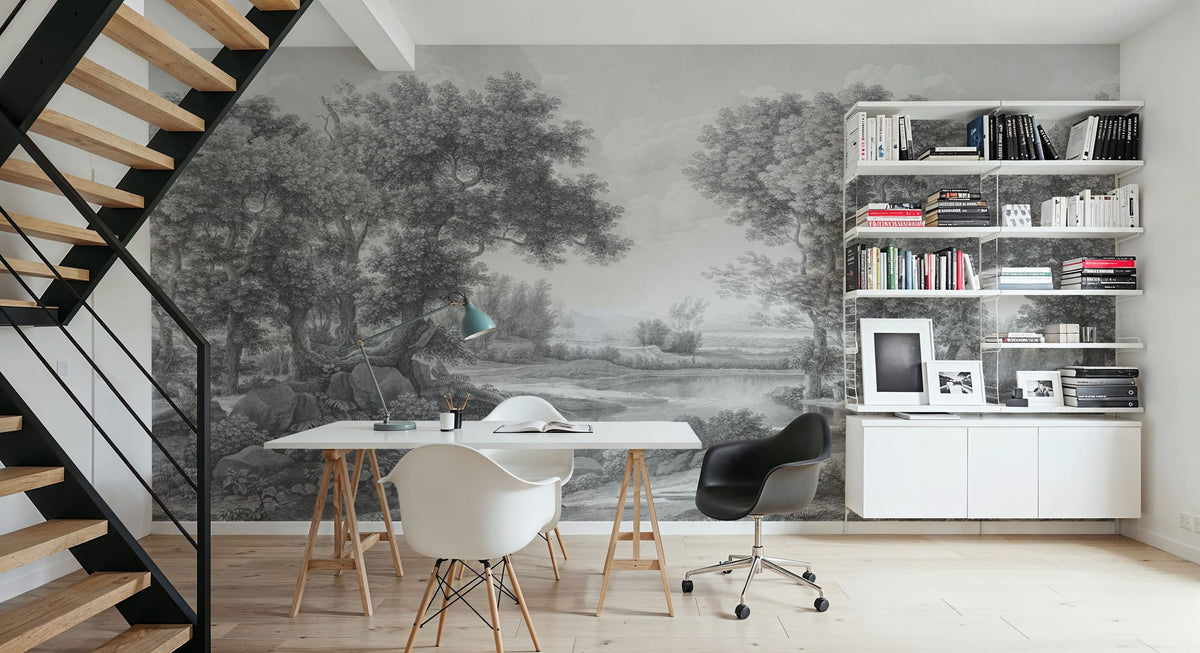 Riverbank Oak Landscape, Pewter Mural Wallpaper - room preview 02