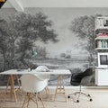 Riverbank Oak Landscape, Pewter Mural Wallpaper - room preview 02
