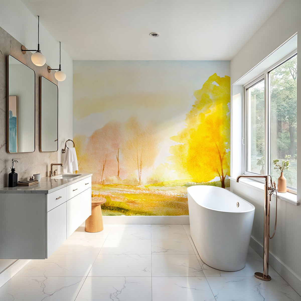 Yellow Autumn Trees, Landscape Painting Mural Wallpaper - room preview 02