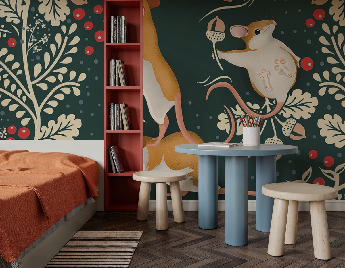 Holiday Mice, Emerald Mural Wallpaper - room preview 02