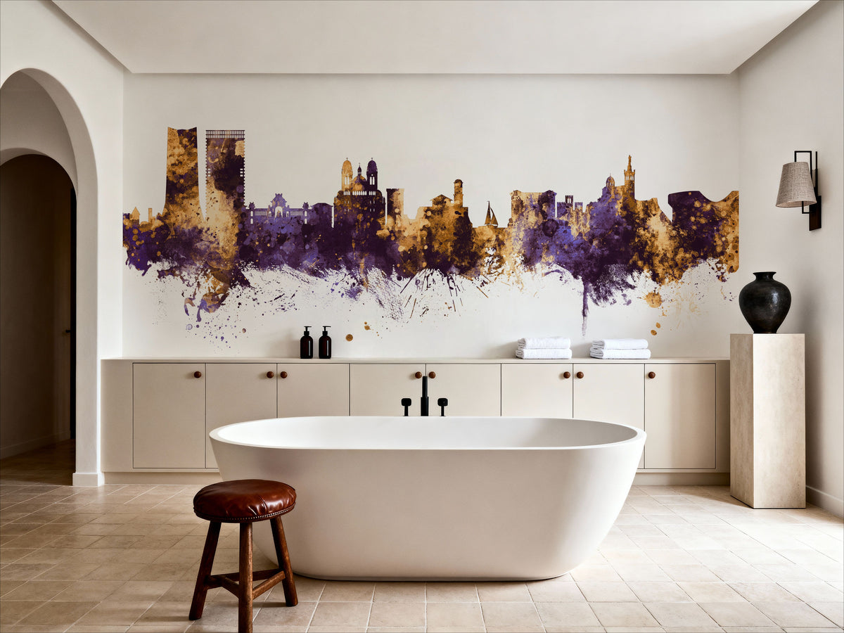 Marseille France Skyline Purple & Gold Mural Wallpaper - room preview 02