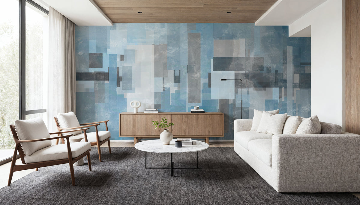 Geometric Abstract Blue Mural Wallpaper - room preview 02