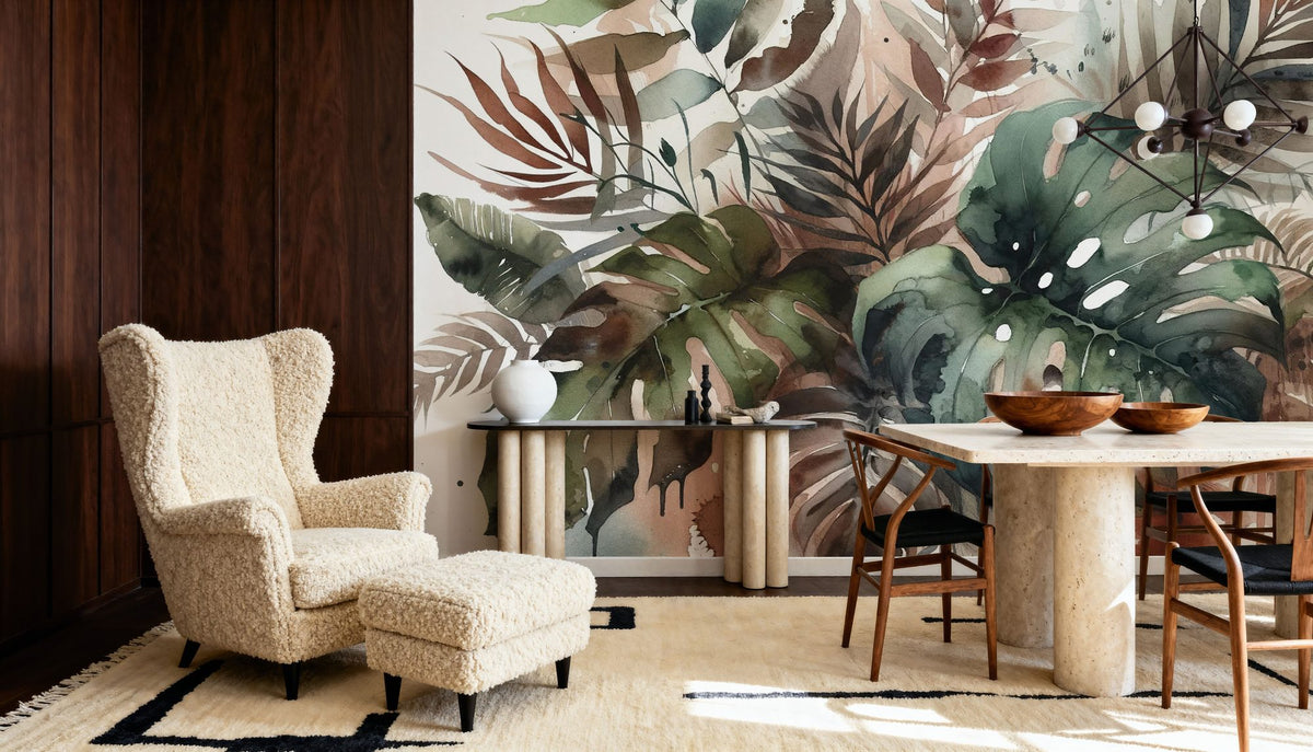 Tropical Rains on Monstera Leaves Mural Wallpaper - room preview 02