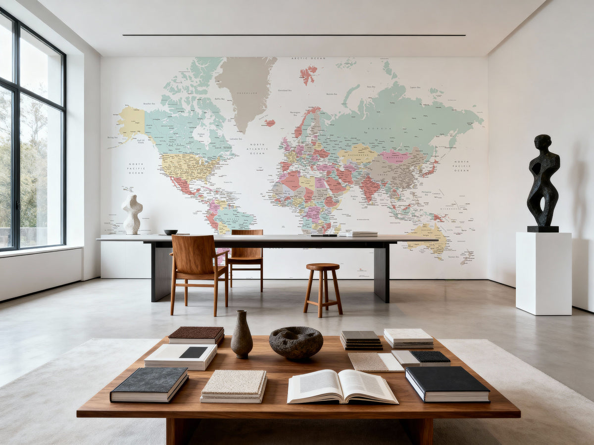World Map Cities - Pastella Mural Wallpaper - room preview 02
