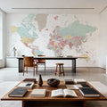 World Map Cities - Pastella Mural Wallpaper - room preview 02