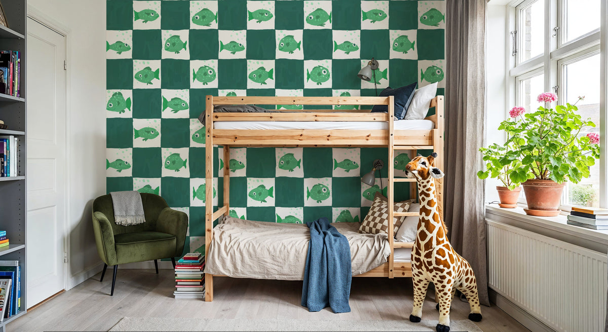 Fish Checkers, Green Mural Wallpaper - room preview 02