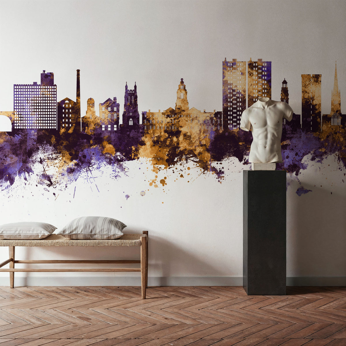 Stockport England Skyline Purple & Gold Mural Wallpaper - room preview 02
