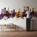 Stockport England Skyline Purple & Gold Mural Wallpaper - room preview 02