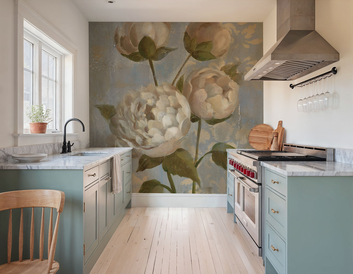 Peony on Blue Mural Wallpaper - room preview 02