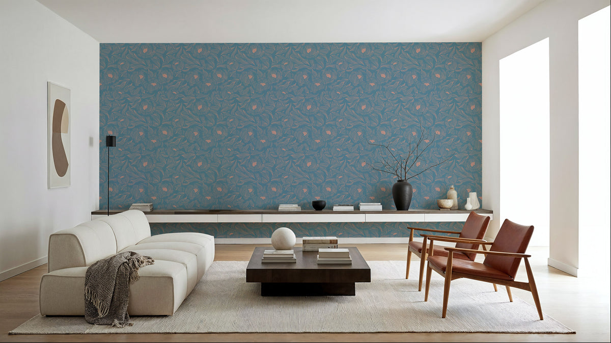 Hidden Peonies, Dusty Peach on Teal Mural Wallpaper - room preview 02