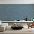 Hidden Peonies, Dusty Peach on Teal Mural Wallpaper - room preview 02