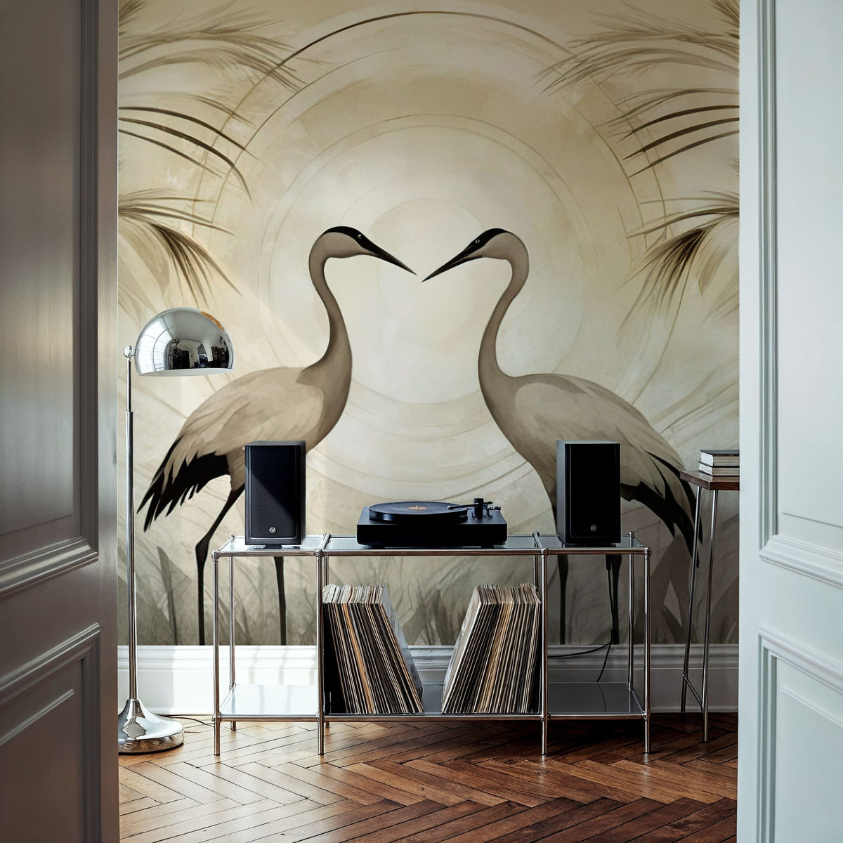 Cranes At Sunset Yellow Mural Wallpaper - room preview 02