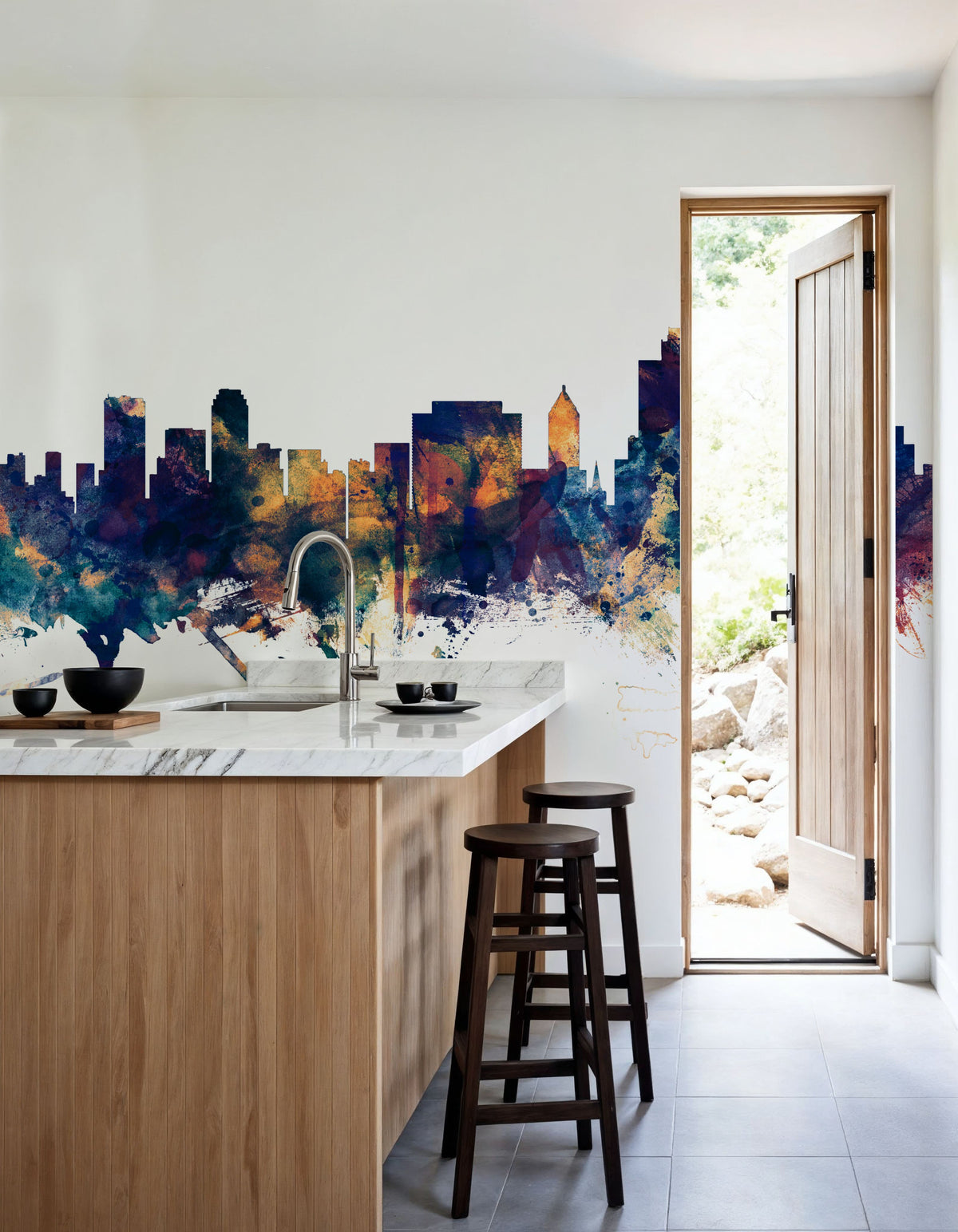 Tulsa Oklahoma Skyline Blue & Bronze Mural Wallpaper - room preview 02