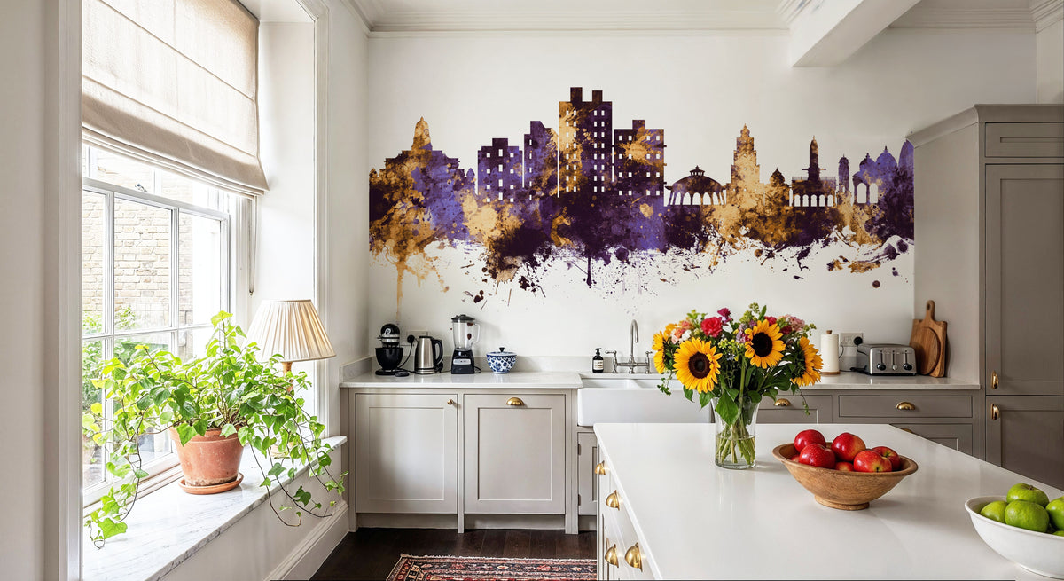 Nashik India Skyline Purple & Gold Mural Wallpaper - room preview 02