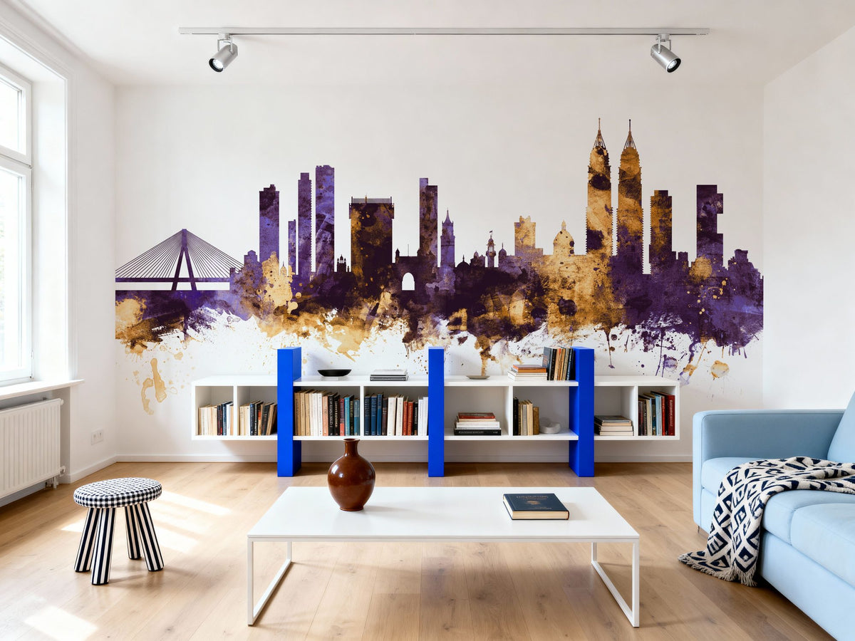 Mumbai Skyline India Bombay Purple & Gold Mural Wallpaper - room preview 02