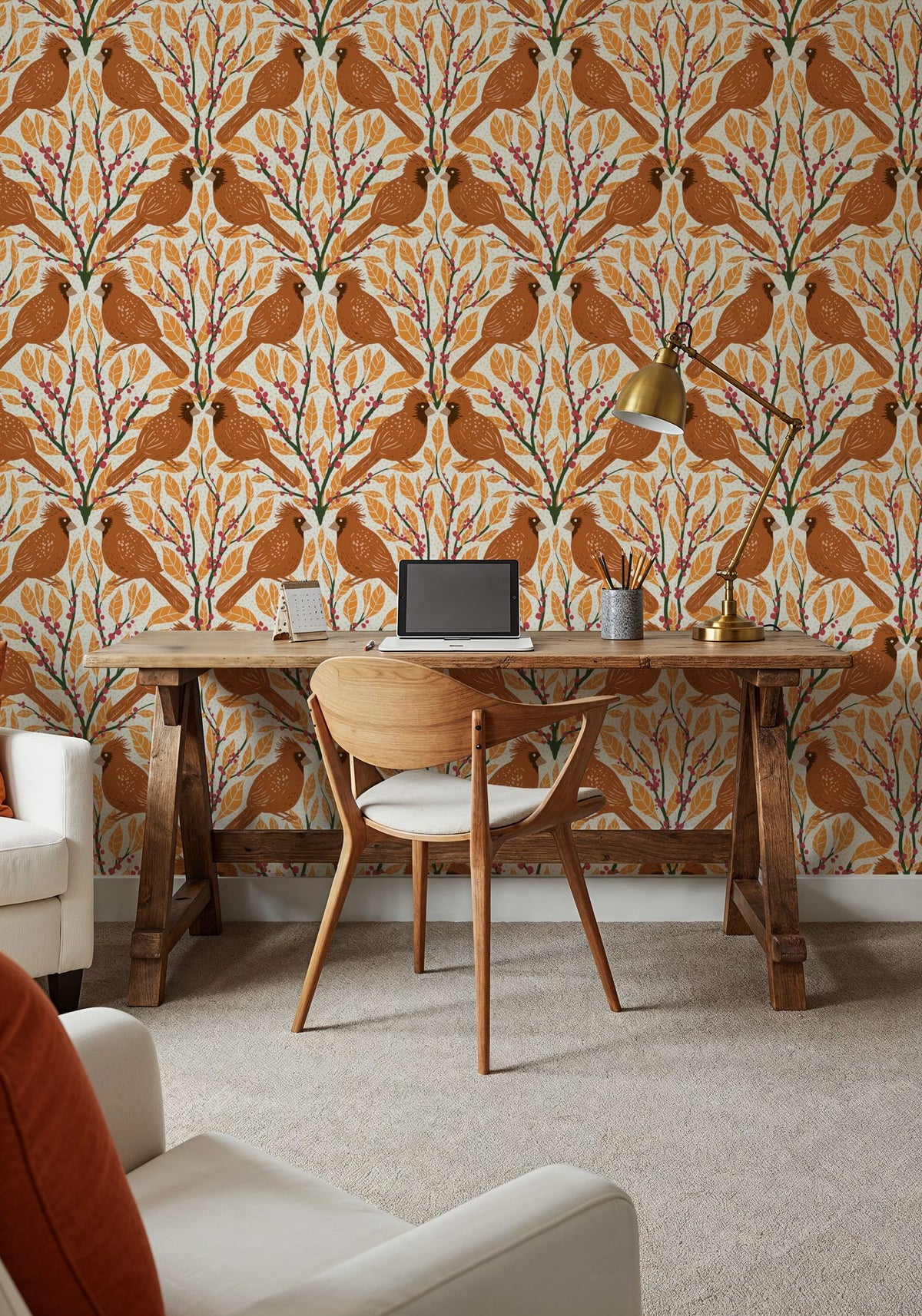 Cardinals & Winterberries, Yellow Mural Wallpaper - room preview 02