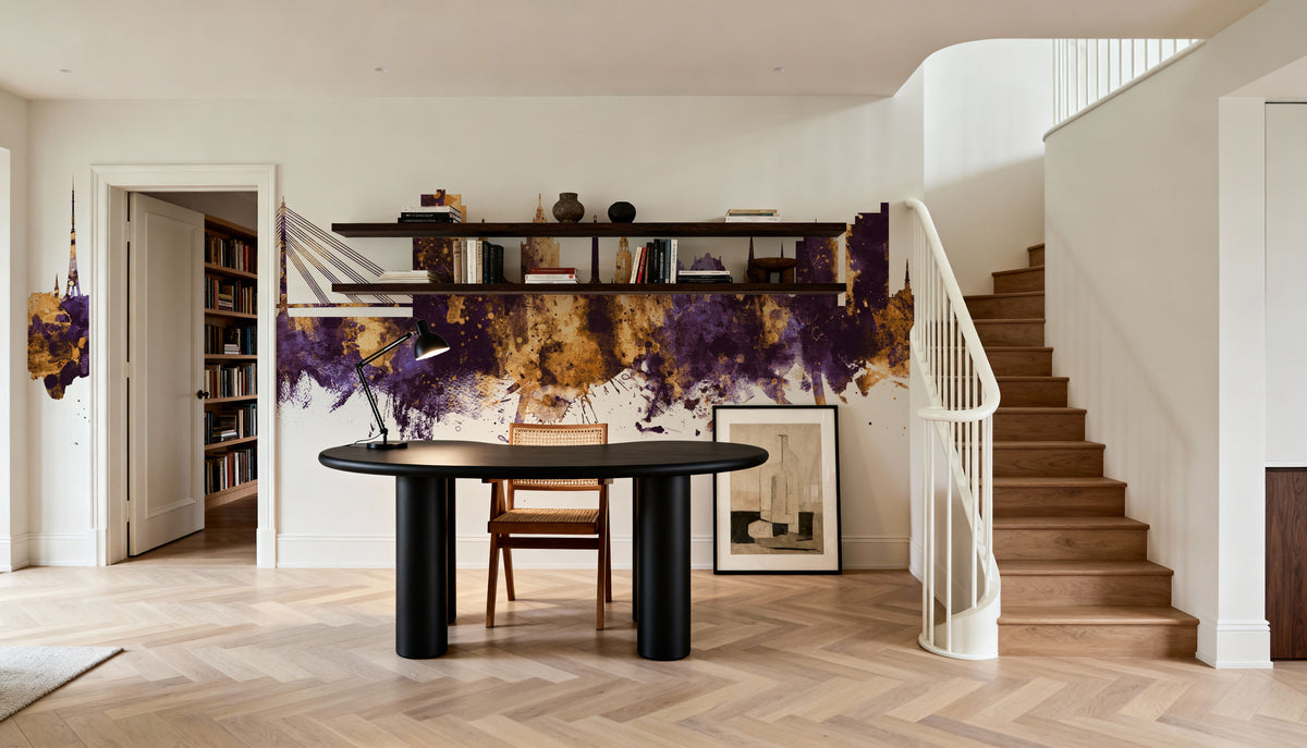 Riga Latvia Skyline Purple & Gold Mural Wallpaper - room preview 02