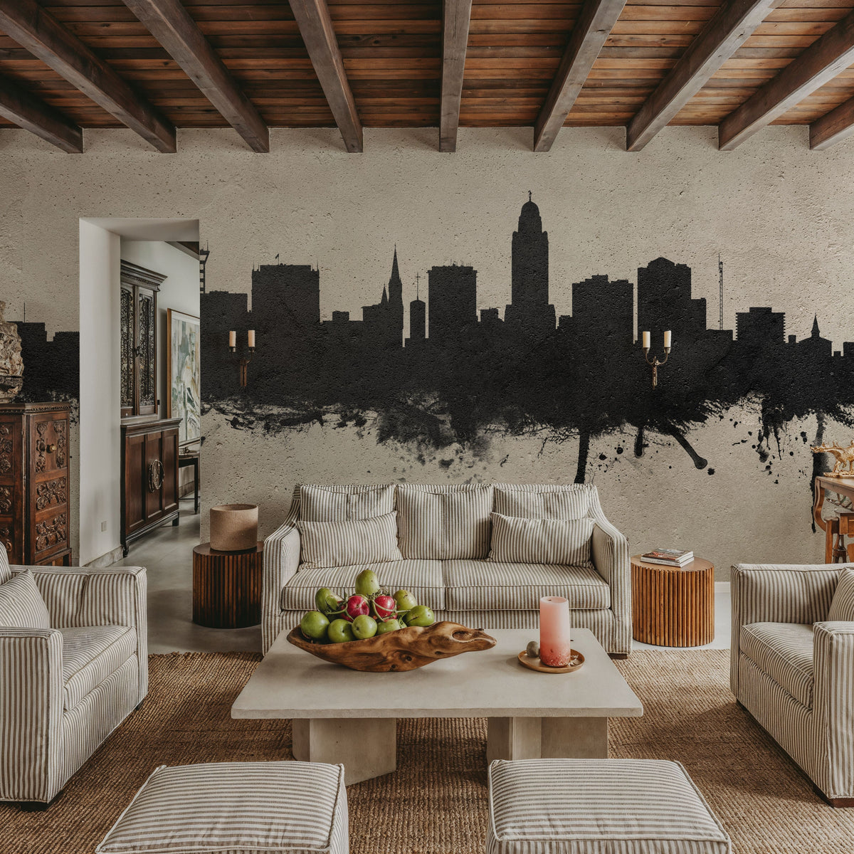 Lincoln Nebraska Skyline Concrete Mural Wallpaper - room preview 02