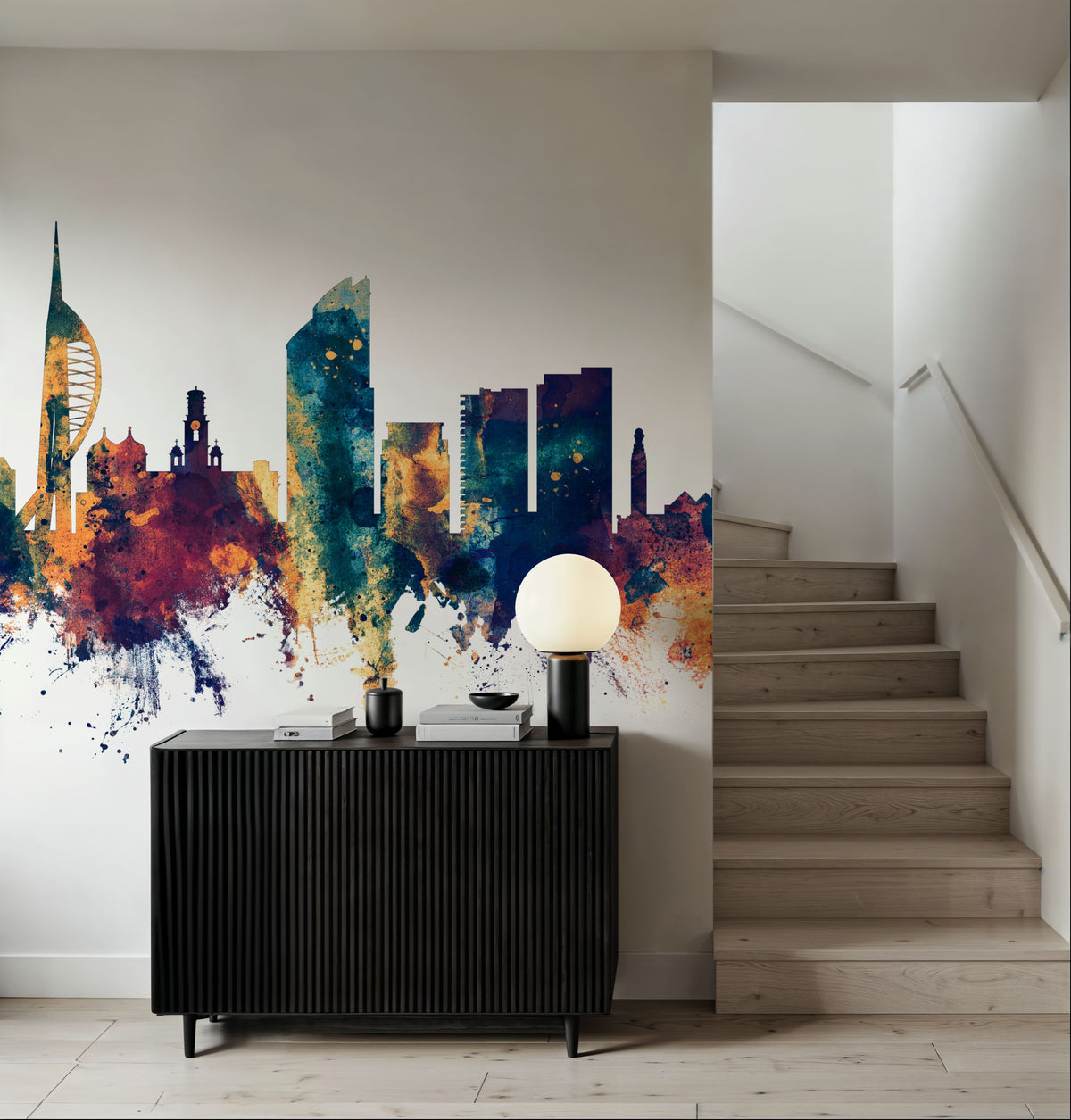 Portsmouth England Skyline Blue & Bronze Mural Wallpaper - room preview 02
