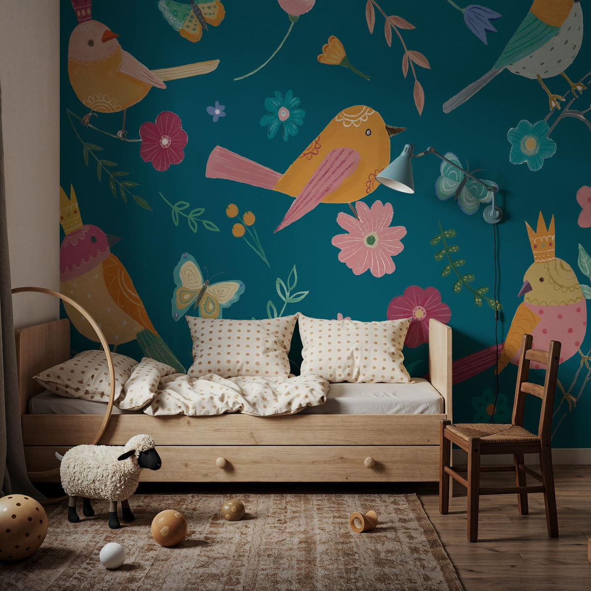 Royal Birds on Blue Mural Wallpaper - room preview 02
