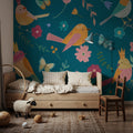Royal Birds on Blue Mural Wallpaper - room preview 02