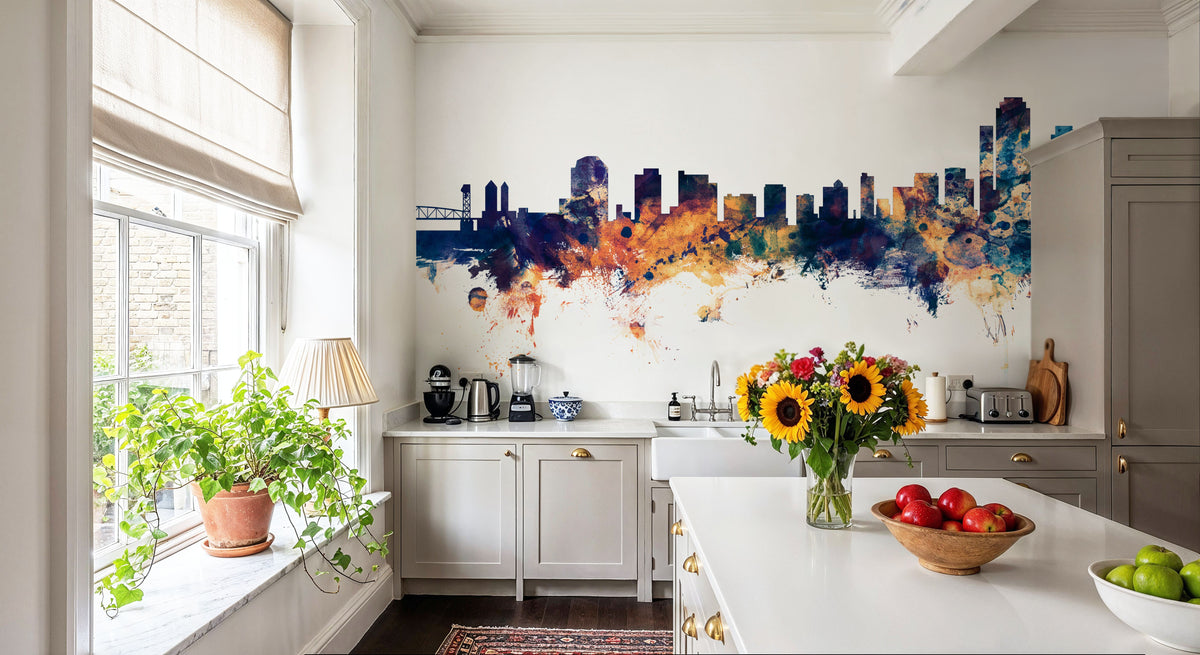 Wilmington Delaware Skyline Blue & Bronze Mural Wallpaper - room preview 02