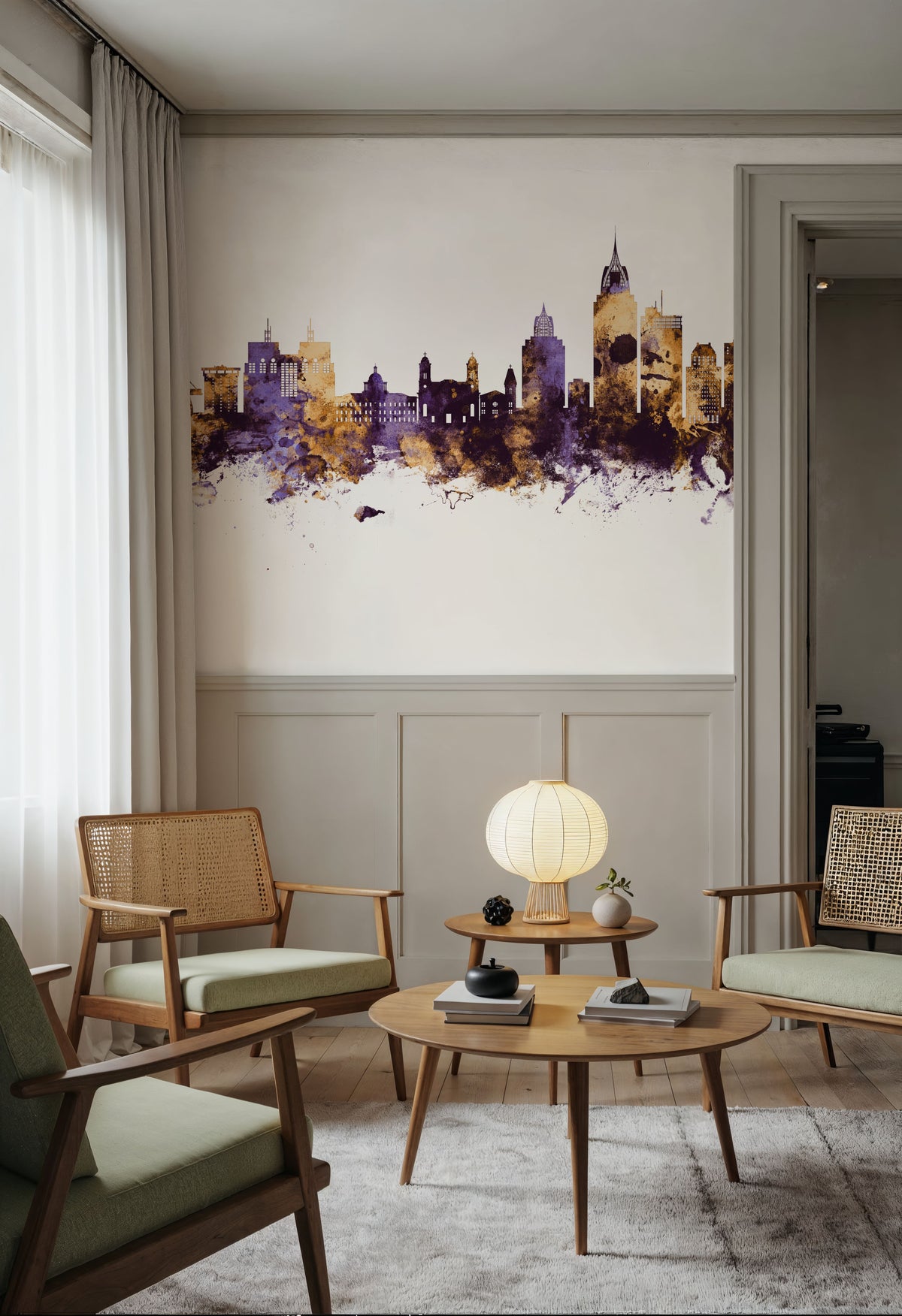 Mobile Alabama Skyline Purple & Gold Mural Wallpaper - room preview 02