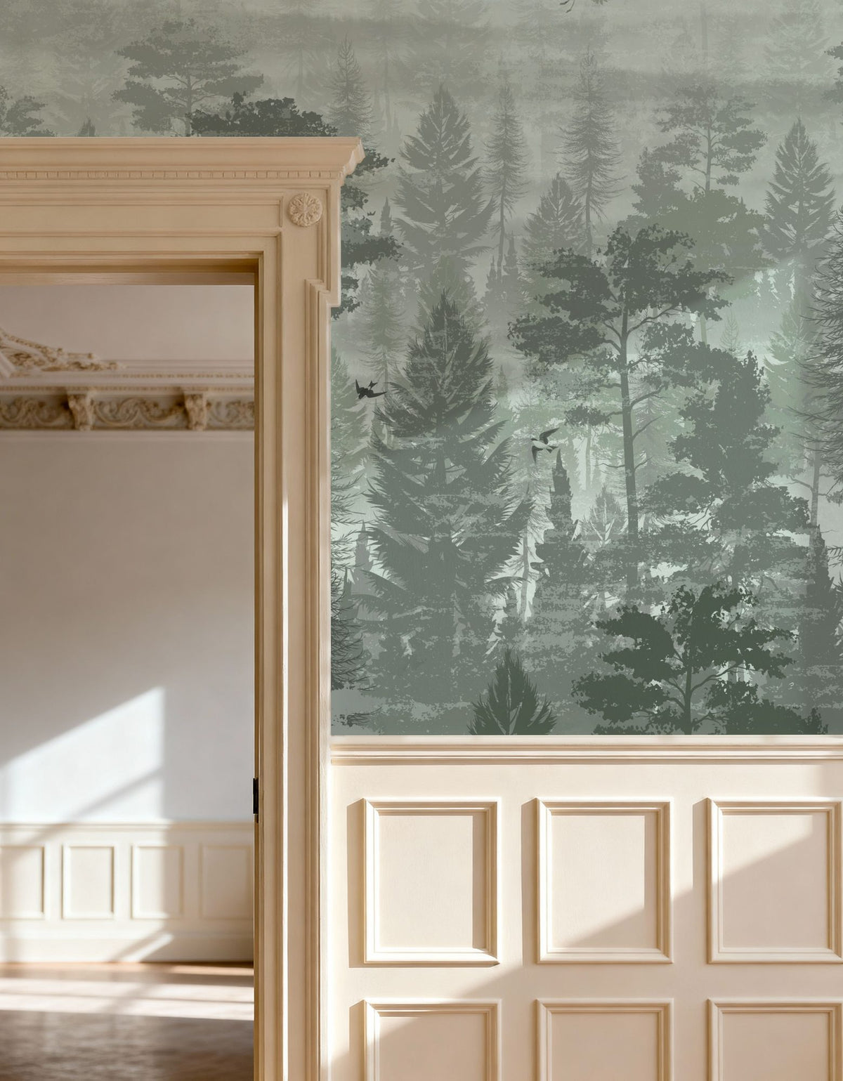 Misty Green Forest Mural Wallpaper - room preview 02