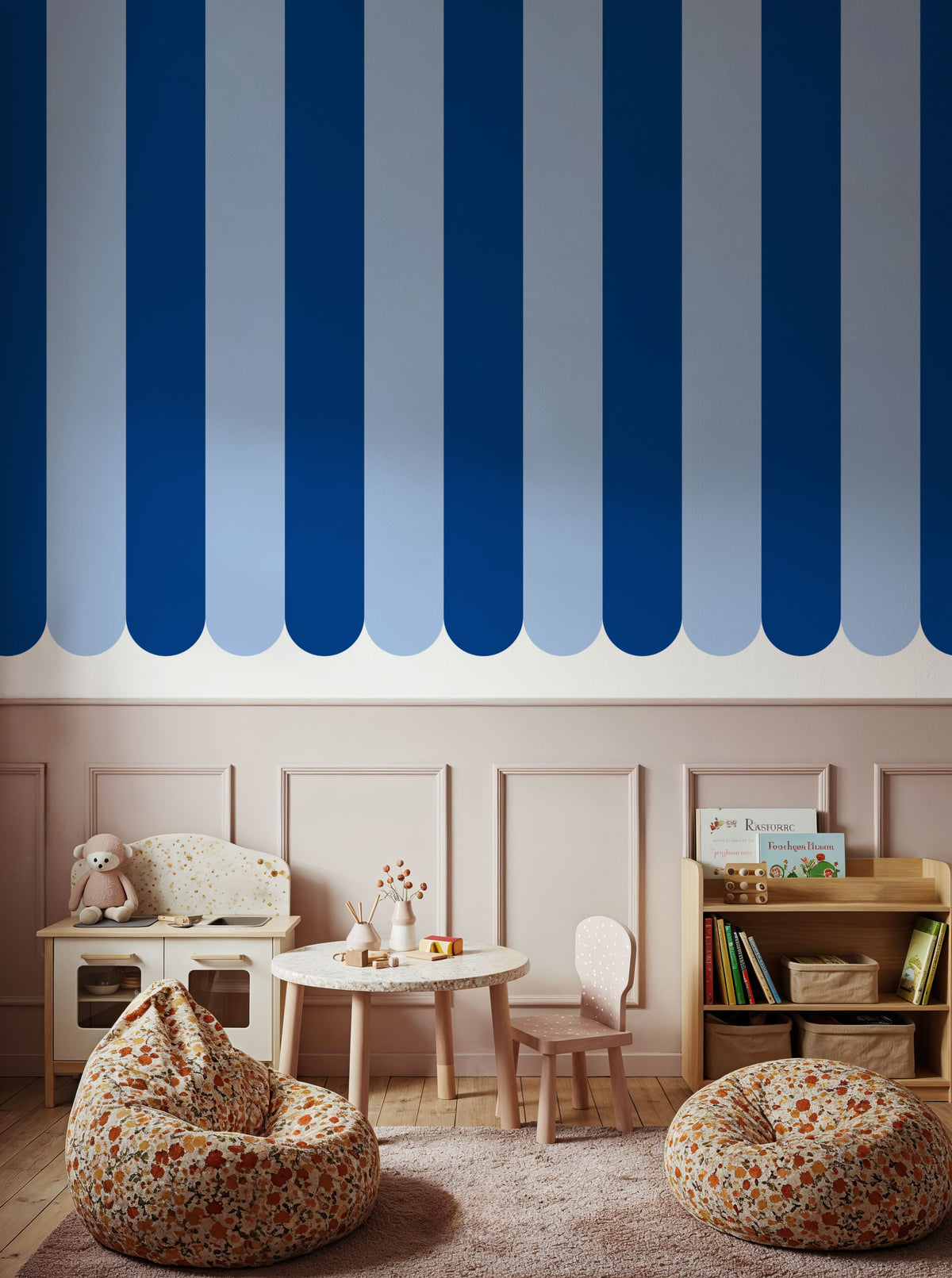 Scalloped Circus Stripes, Blue on Blue Mural Wallpaper - room preview 02