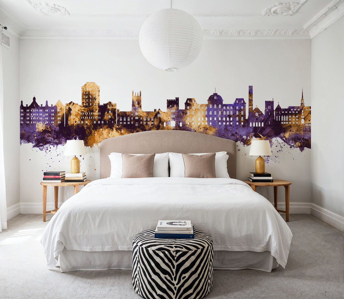 Poughkeepsie New York Skyline Purple & Gold Mural Wallpaper - room preview 02