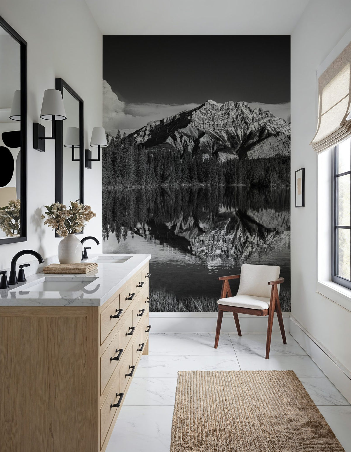 Cascade Mountain Reflection BW Mural Wallpaper - room preview 02