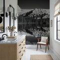 Cascade Mountain Reflection BW Mural Wallpaper - room preview 02