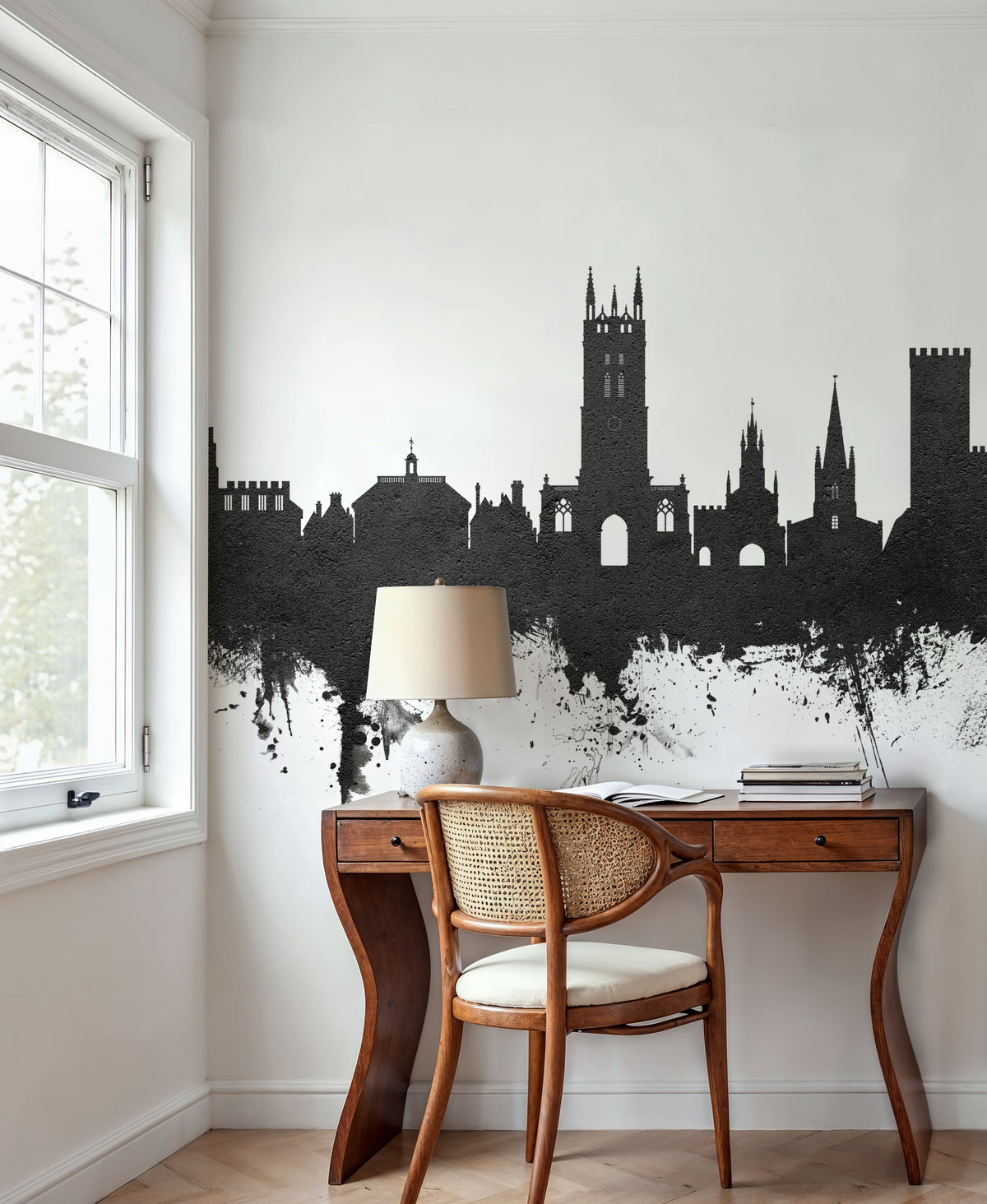 Warwick England Skyline Black & White Mural Wallpaper - room preview 02