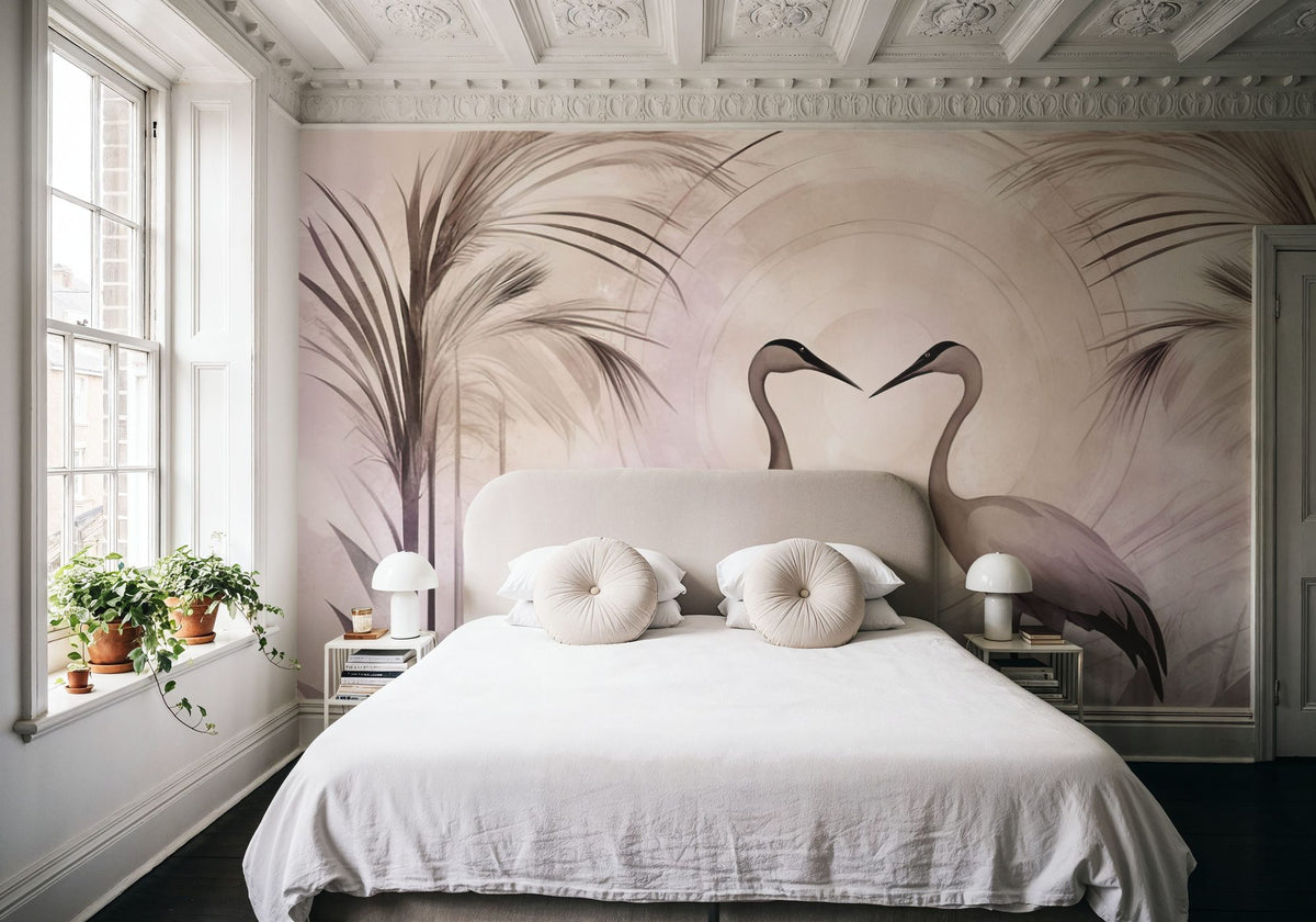 Cranes At Sunset Pink Mural Wallpaper - room preview 02