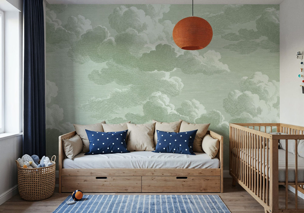 Intaglio Clouds, Sage Mural Wallpaper - room preview 02