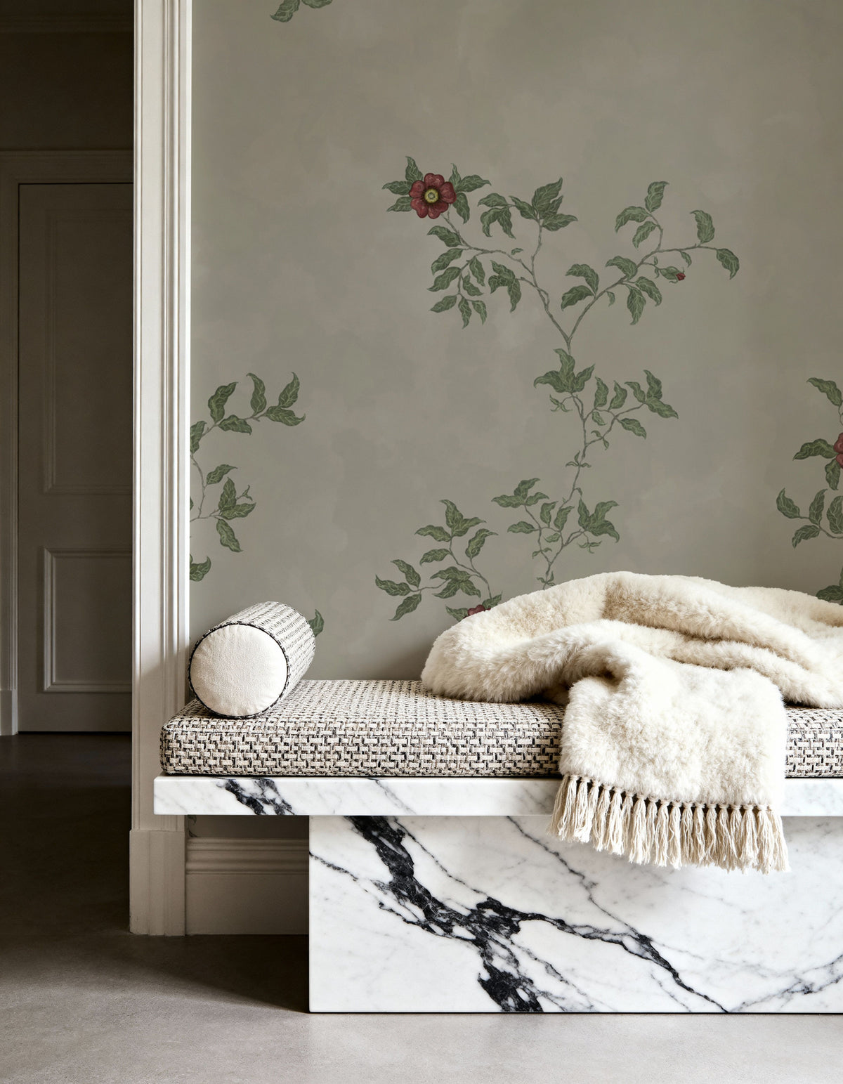 Rambling Rose, Garnet on Greige Mural Wallpaper - room preview 02
