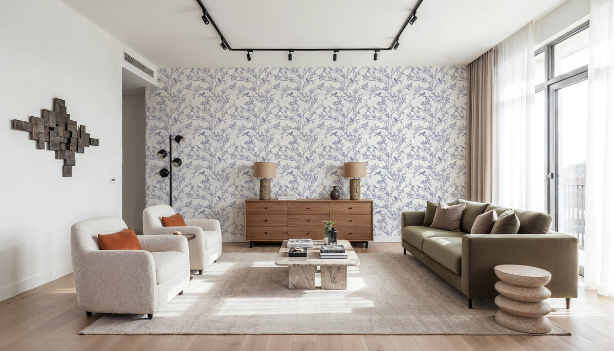 Trailing Tree of Life, Blue on White Mural Wallpaper - room preview 02